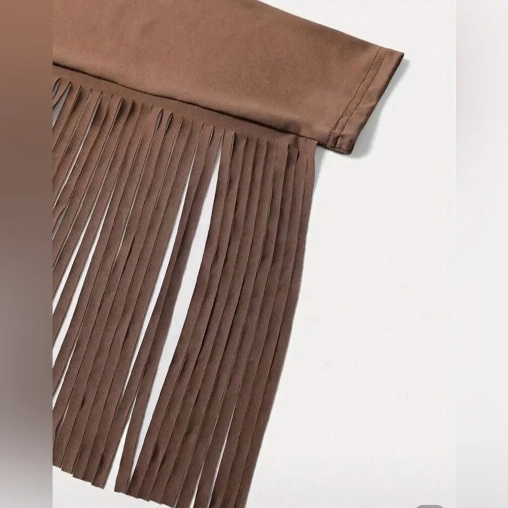 New SHEIN Brown Off-Shoulder Fringe Blouse - Picture 3 of 7